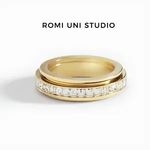 Romi Uni Studio Anxiety Rings for Women and Men Titanium Steel Spinner Fidget Band Rings Cubic Zirconia Relieving Anxiety Wedding Promise Lucky Rings Comfort Fit Size 5 to 10