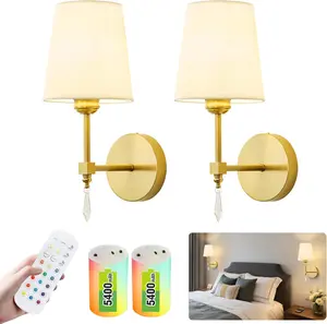 Gold Wireless Wall Sconce Set of 2 – 5400mAh Cordless & Remote Control, RGB & Dimmable Wall Lamp for Bedroom, Living Room