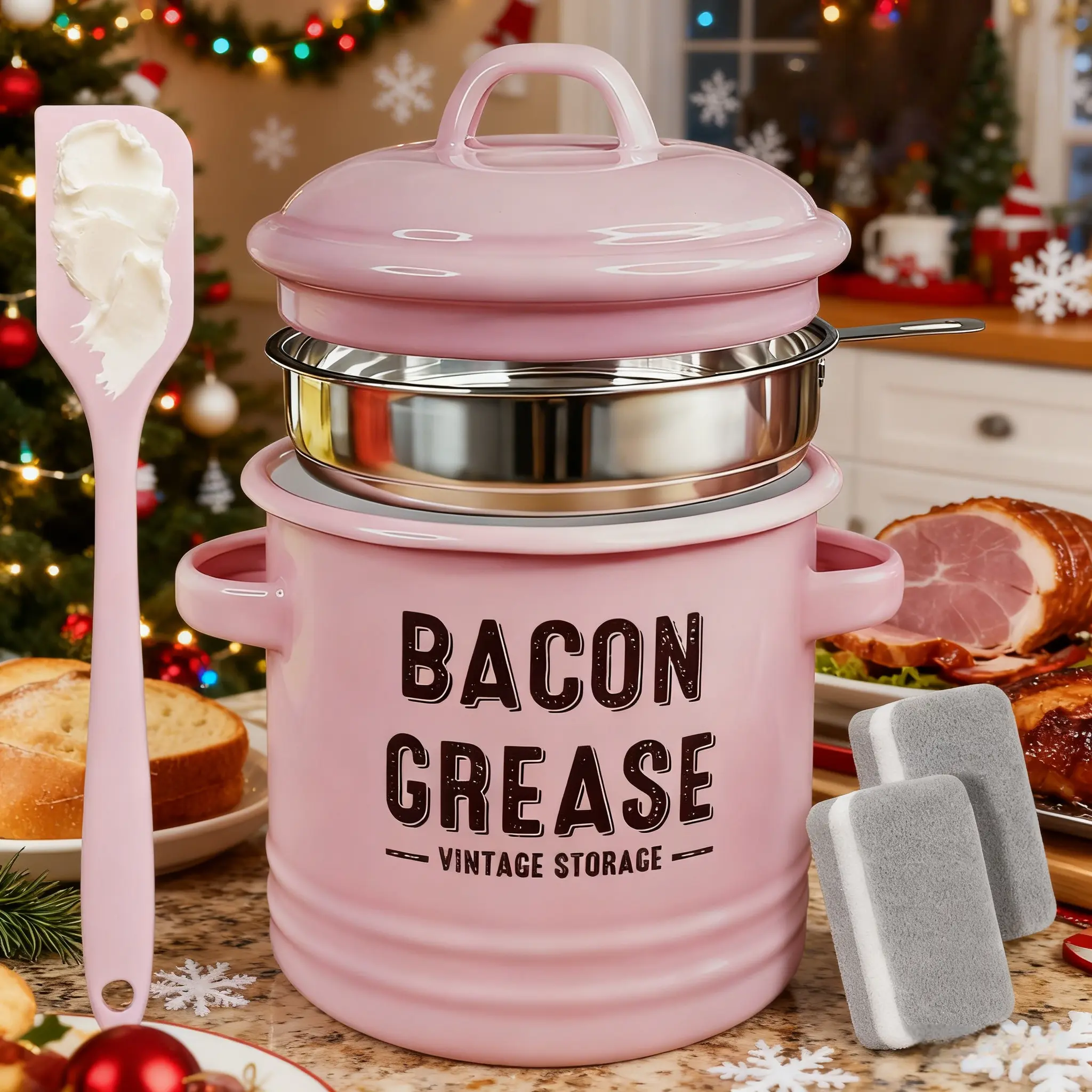 46oz Large-Capacity Enamel Oil Can Set with Filter Oil Bottle, BPA-Free Reusable Portable Condiment Can for Food Storage, Heat-Stain Resistant Kitchen Utensils, Handmade Christmas Gift