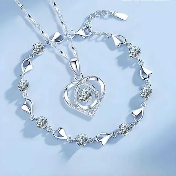 Double-Heart Crystal Jewelry Set for Women, Vintage Korean Style Necklace and Bracelet with Blue Stones, Silver-Tone Finish, Adjustable Clasp, Jewelry Sets, Elegant Jewelry Set