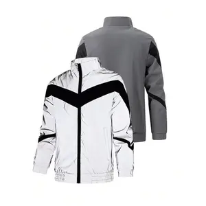 Men's Regular Fit Reflective Strip Zip Up Jacket, Casual Long Sleeve Stand Collar Windproof & Waterproof Outerwear for Daily Wear, Fashion Men's Clothes for All Seasons