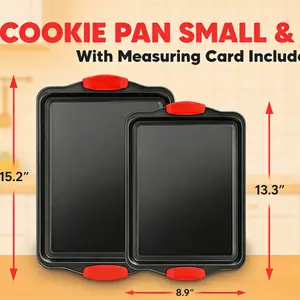 2 Piece Set Non-Stick Carbon Steel Oven Bakeware – Premium Kitchen Cooking Baking Trays – PFOA, PFOS, PTFE-Free Medium & Large Baking Sheet Pans with Soft Red Silicone Handles