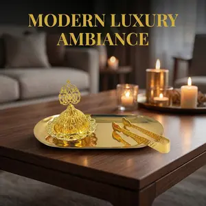 3-Piece Metal Bakhoor Incense Burner Set, Golden Filigree Charcoal Censer with Tray & Tongs, Premium Islamic Aromatherapy Kit Ambiance for Oud/Frankincense