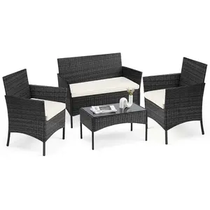 4-Piece Outdoor Wicker Patio Furniture Set with Cushions and Glass Table, All-Weather Rattan Chairs for Garden, Balcony, Porch, Lawn