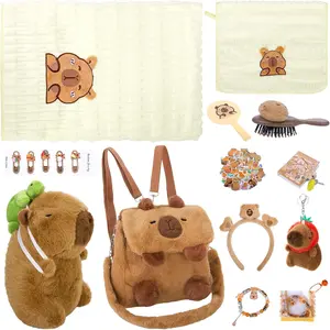 75 Pcs Capybara Plush Toy Set with Capybara Plush Toy Keychain Backpack Towels Comb Headband DIY Sticker Bracelets Notebook Hair Clips Mirror Stickers for Favor