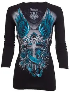 Archaic By Affliction Women's T-shirt  Rosemary, V-neck T-Shirt (Black/Teal)