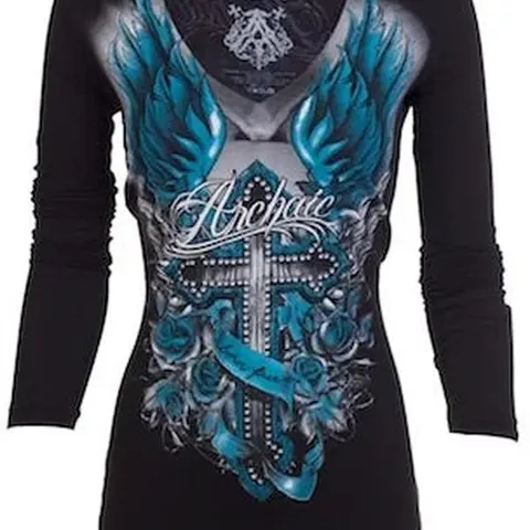 Archaic By Affliction Women's T-shirt  Rosemary, V-neck T-Shirt (Black/Teal)