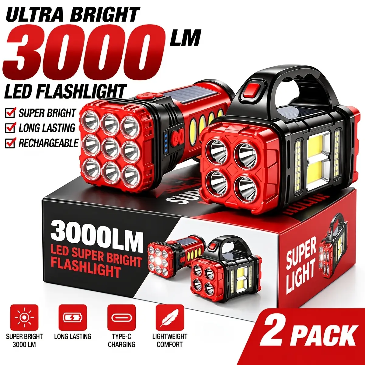 2pcs SUPER BRIGHT Solar Rechargeable LED Lantern Flashlight Outdoor Camping LED Flashlight Combo Kits for Men 8 Lighting Modes High Brightness Camping Lamp Tactical COB Work Light Emergency Power Bank Function, Portable for Camping Survival Emergency