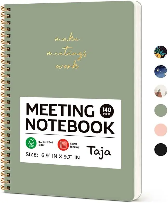 Meeting Notebook for Work Organization - Work notebook with action items, Meeting Minutes Planner Notebook, Perfect Office Supplies for Men & Women - Green