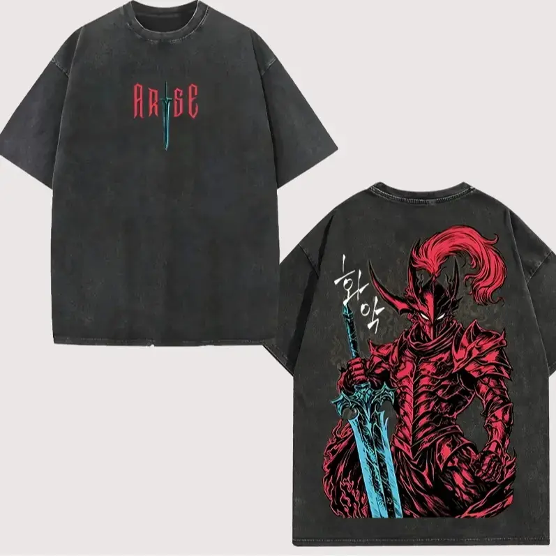 Igris Solo Leveling Anime Vintage Washed Oversized T Shirt Hoodie| Shadow Knight Commander Graphic Streetwear| Absolute Loyalty Silent Blade Theme Heavyweight Cotton Unisex Top Retro Y2K Fashion Manga Clothes Aesthetic Crimson