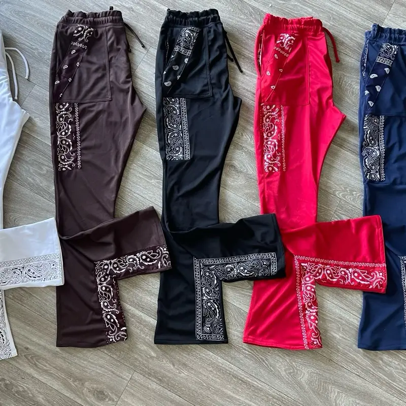 JD Fashion Men Custom Bandanna Trim Flare Stacked Jogger Pant Set Casual Menswear