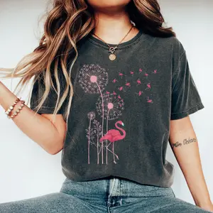 Flower Dandelion Exotic Animal Tropical Bird Pink Flamingo T-Shirt