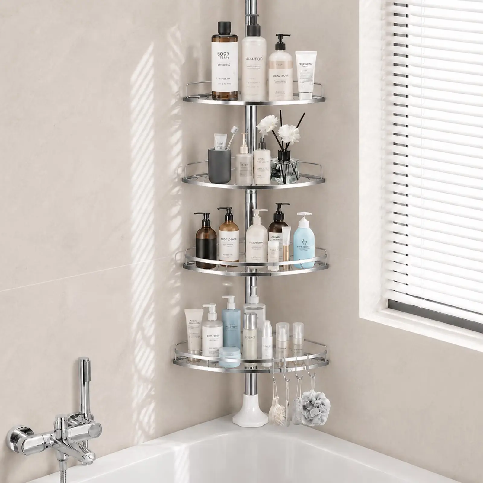 PHANCIR 4 Tier Shower Caddy with Tension Pole, Stainless Steel Corner Shower Organizer & 4 Hooks, for Bath Essentials, Fits 38.6”-102”