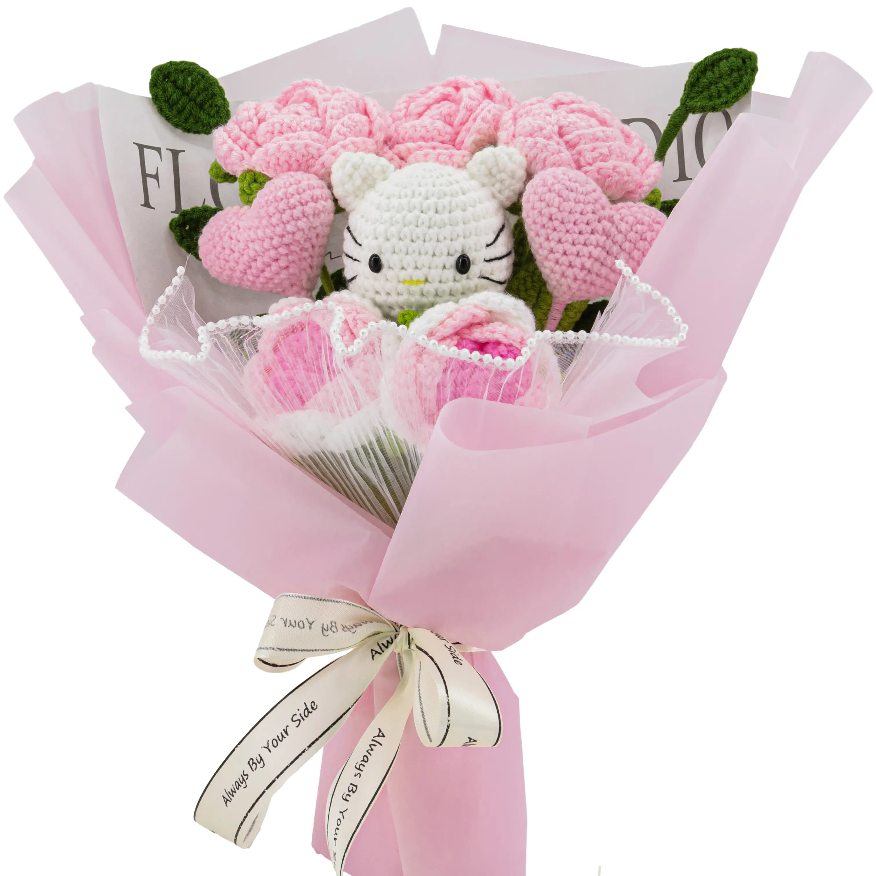 YShomy Wrapped Crochet Flowers Bouquet with Eucalyptus, Handmade Gift for Valentine's Day and Birthday