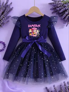 2026 Latest Spring Autumn Dress, Cartoon Long Sleeve Dress, Fashion Print Dress, New Year Party Dress, Birthday Dress, Lace Fly-Sleeve Design, Tulle Overlay Dress, Girls' Gift Choice