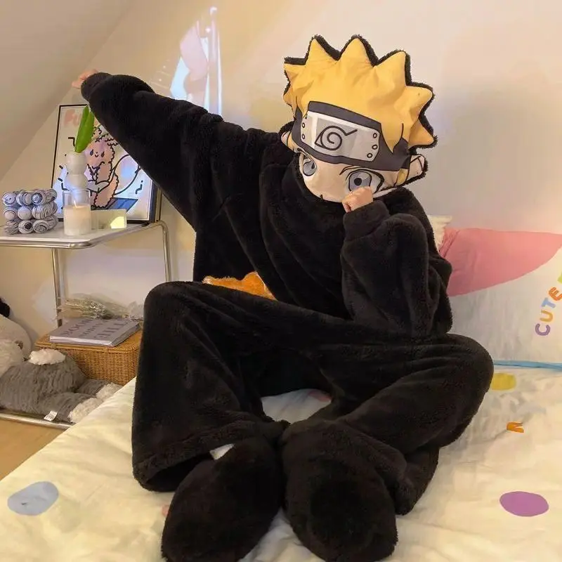 Naruto Uzumaki Themed Coral Fleece Jumpsuit - Long Sleeve Polyester Zipper Hooded Keep Warm Casual Youth Couple Nightwear Loungewear (Party Gift Option for Men & Women Winter Home Outfit)