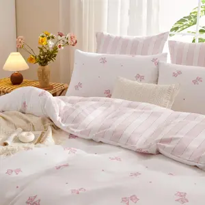 Duvet Cover Twin Size Reversible White Pink Bows Striped Bedding Set Kids Girls Cute Comforter Cover Set Soft Breathable Microfiber Quilt Cover with Zipper Closure and 1 Pillowcase