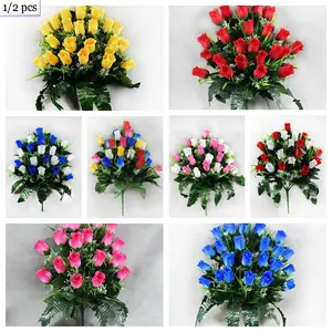 Elegant Artificial Cemetery Bouquet, Faux Roses, Faux Plastic Flowers, Durable Plastic Roses & Leaves, Monument & Funeral Decoration, No Maintenance Needed