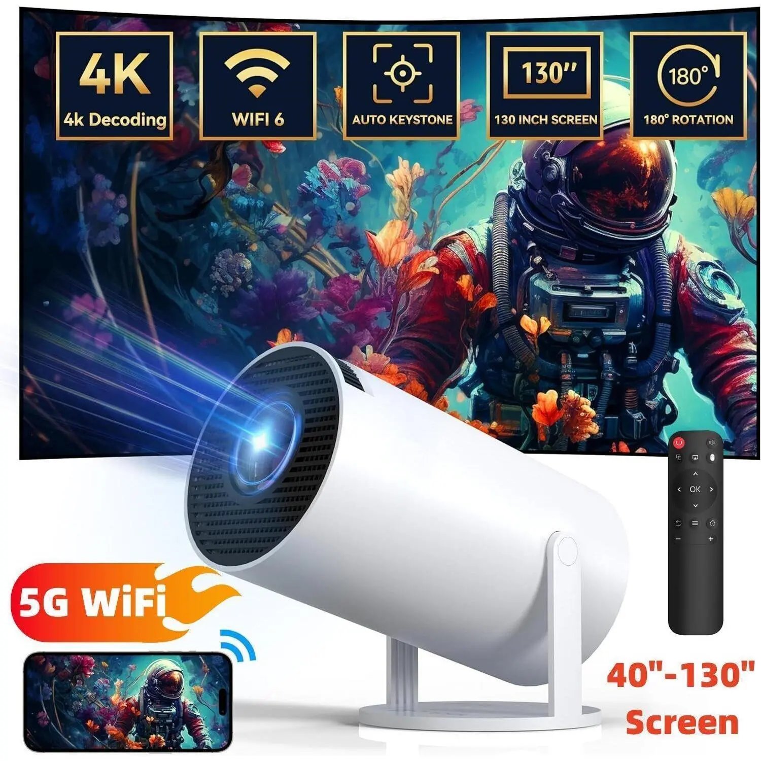 HY300 PRO Mini Wireless Projector, 4K, 200 ANSI, Auto Keystone, 2.4/5G WiFi, Bluetooth 5.0, Audio Support, Remote Control, Rotating Stand, 130" Screen, 180° Flip, Round Portable Home Video Projector, Valentine’s Day Gift Option
