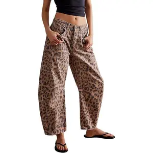 Casual Loose Mid-Calf Leopard Print Wide-Leg Jeans Retro Fashion Jeans Long Pants