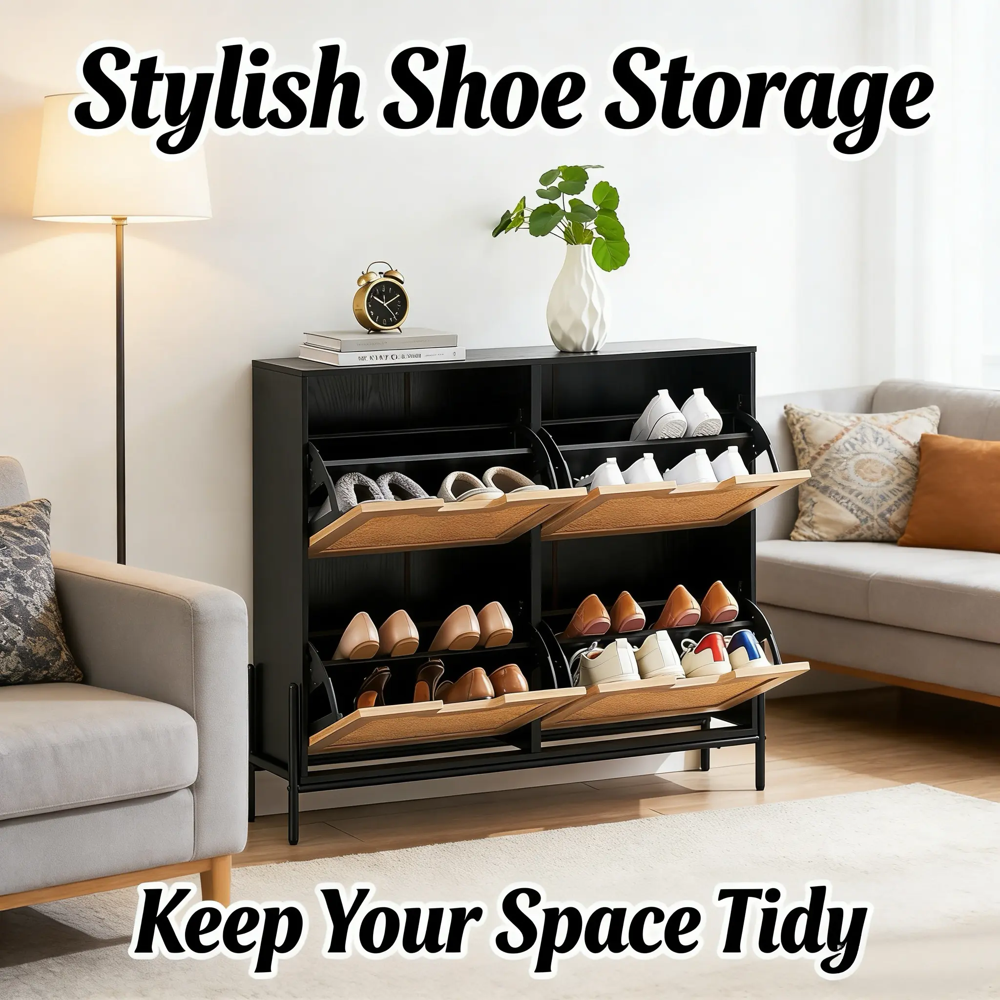 LH-Entryway Shoe Storage Cabinet with 4 Drop-Front Drawers，Stylish Freestanding Storage Cabinet with Open Shelves and Closed Doors for Home Decor and Space Saving