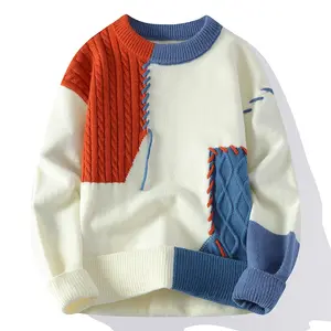 2025 New Round Neck Sweater Youthful Fashion Color Block Patchwork Design Blue Orange Black and White Premium Comfortable Fabric Unisex Autumn Winter Warmwear Knitwear Man Menswear Love Stylish Casual