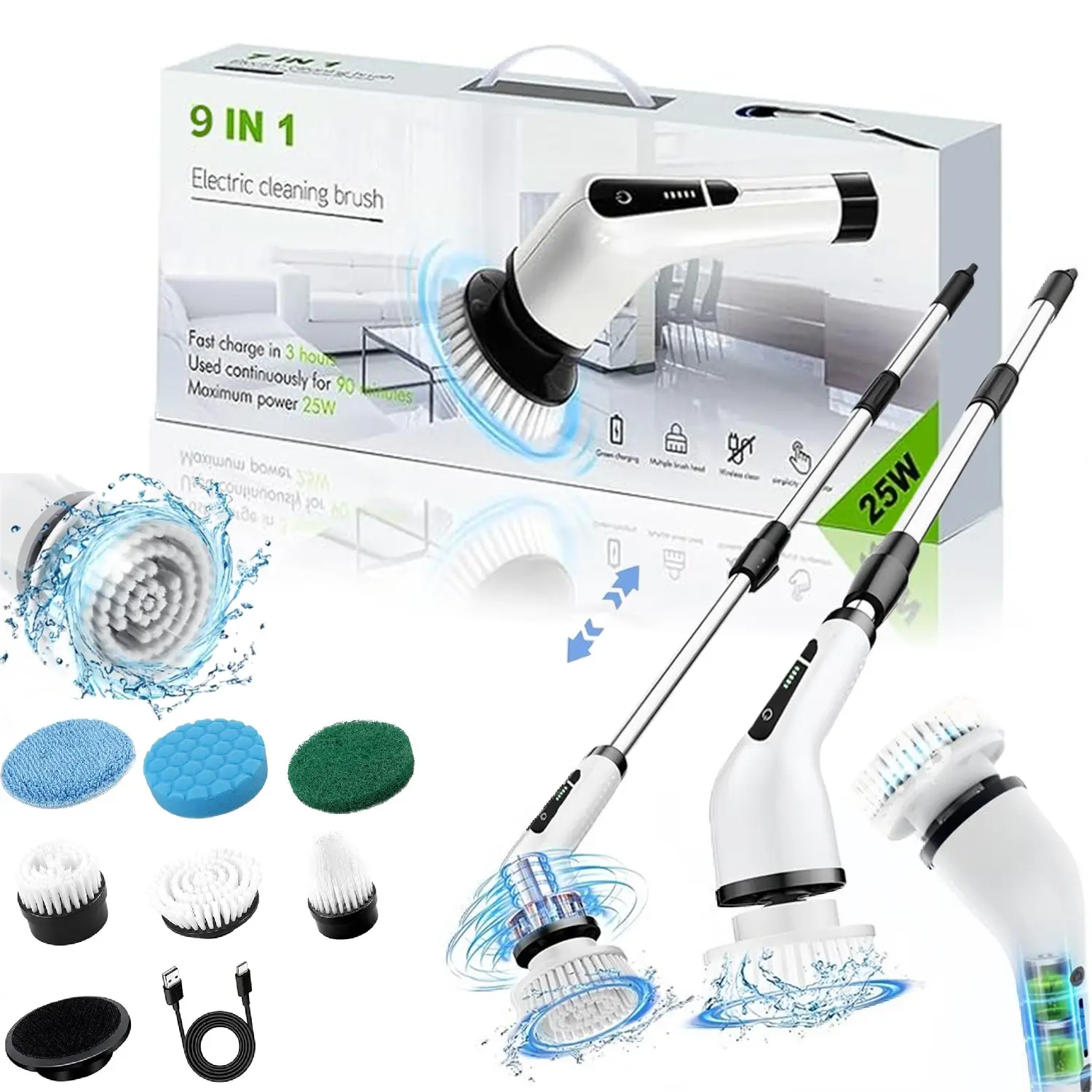Cordless Electric Spin Scrubber Kit (2026 Upgraded, Wireless) - 9 Replaceable Brush Heads, 3 Adjustable Extension Handle, Dual-Speed, IPX7 Waterproof, LED Light, USB-C, 3 Hours Runtime for Bathroom, Kitchen, Holidays Home Cleaning Supplies