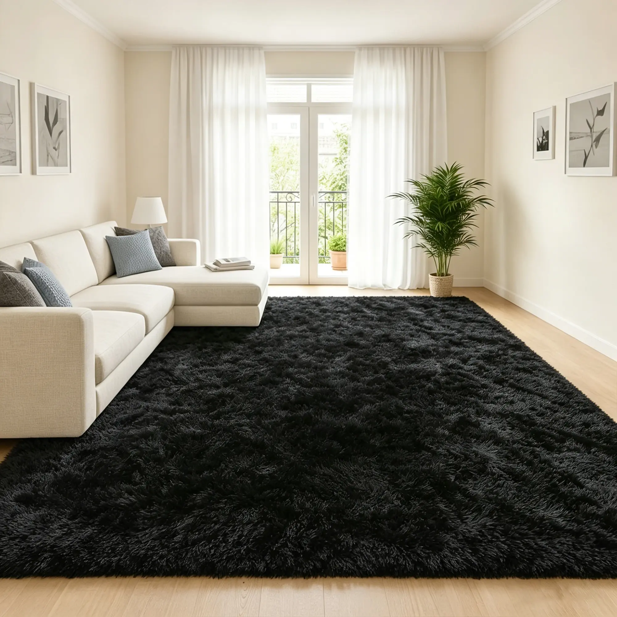 【Back to School】 BLIOWL Black Shag Area Rug Soft Fluffy Plush Non Slip Washable Easy Clean Dorm Rug for College Bedroom Living Room Apartment Modern Home Decor Floor Carpet