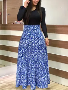 Autumn Winter New Women's Floral Patchwork Long Sleeve Dress, Elegant Round Neck Fashionable Comfortable Fitted Waist-Centric Maxi Dress Womenswear