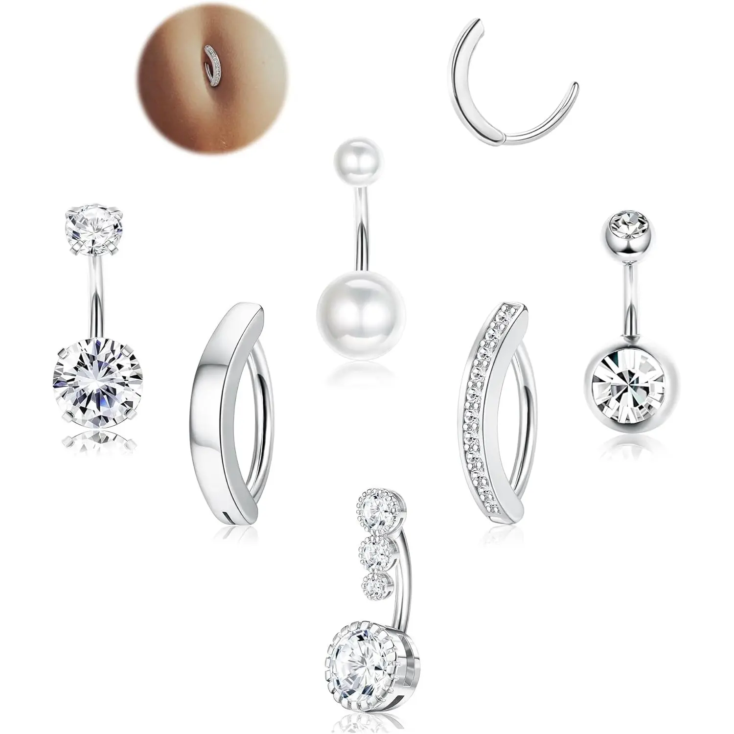 Women's Milacolato 14g Navel Piercing Jewelry, 14 Karat Gold/Silver Plated Surgical Stainless Steel CZ Clicker Body Piercing Jewelry, Varied Styles Belly Button Rings Pack
