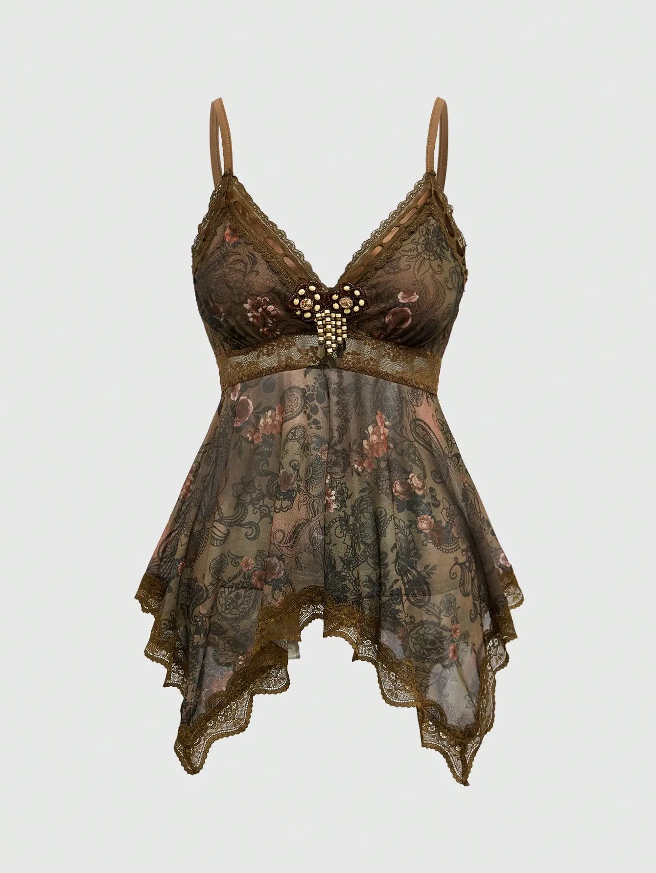 Women's Boho Paisley Print Lace Cami Top Ruffle Trim Asymmetrical Hem Hippie Long Tank Top