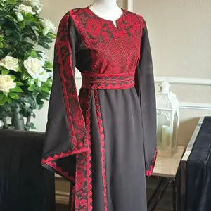 Black and Red Palestinian Thobe with Intricate Embroidery and Long Sleeves for Traditional Wear Beautiful and Elegant