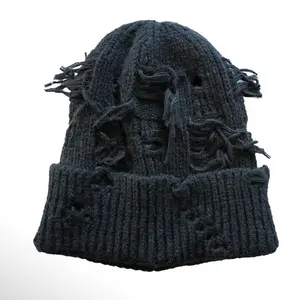 Y2K Distressed Knit Beanie Hat Grunge Skull Cap Vintage Streetwear Unisex Slouchy Beanie