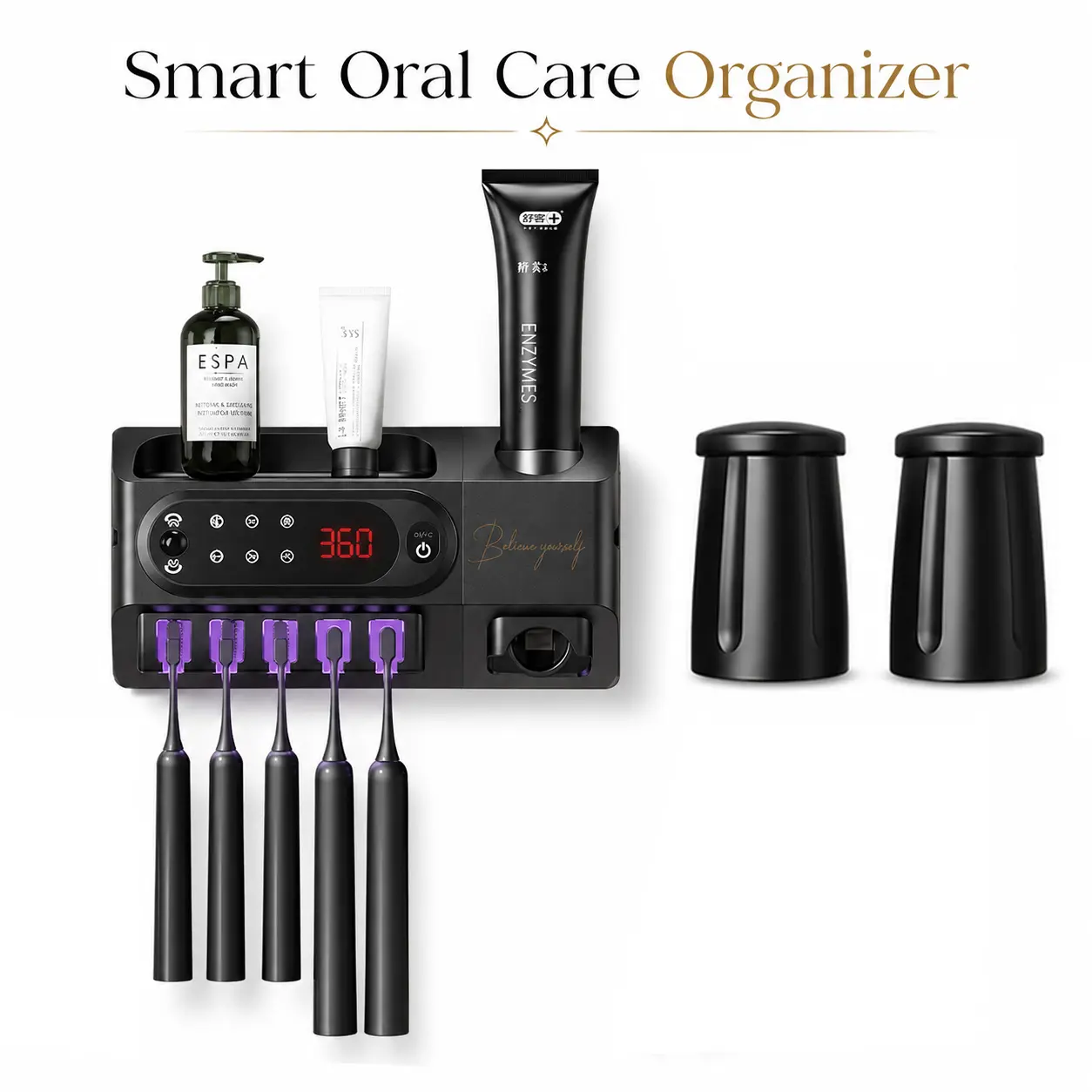 Wall-Mounted Smart Toothbrush Holder Bathroom Accessory - 5-Slot Toothbrush Storage, Automatic Toothpaste Dispenser, USB-Charger Magnetic Cups, Fast-Drying Water Draining, No-Drill Installation, Space-Saving for Modern Bathrooms