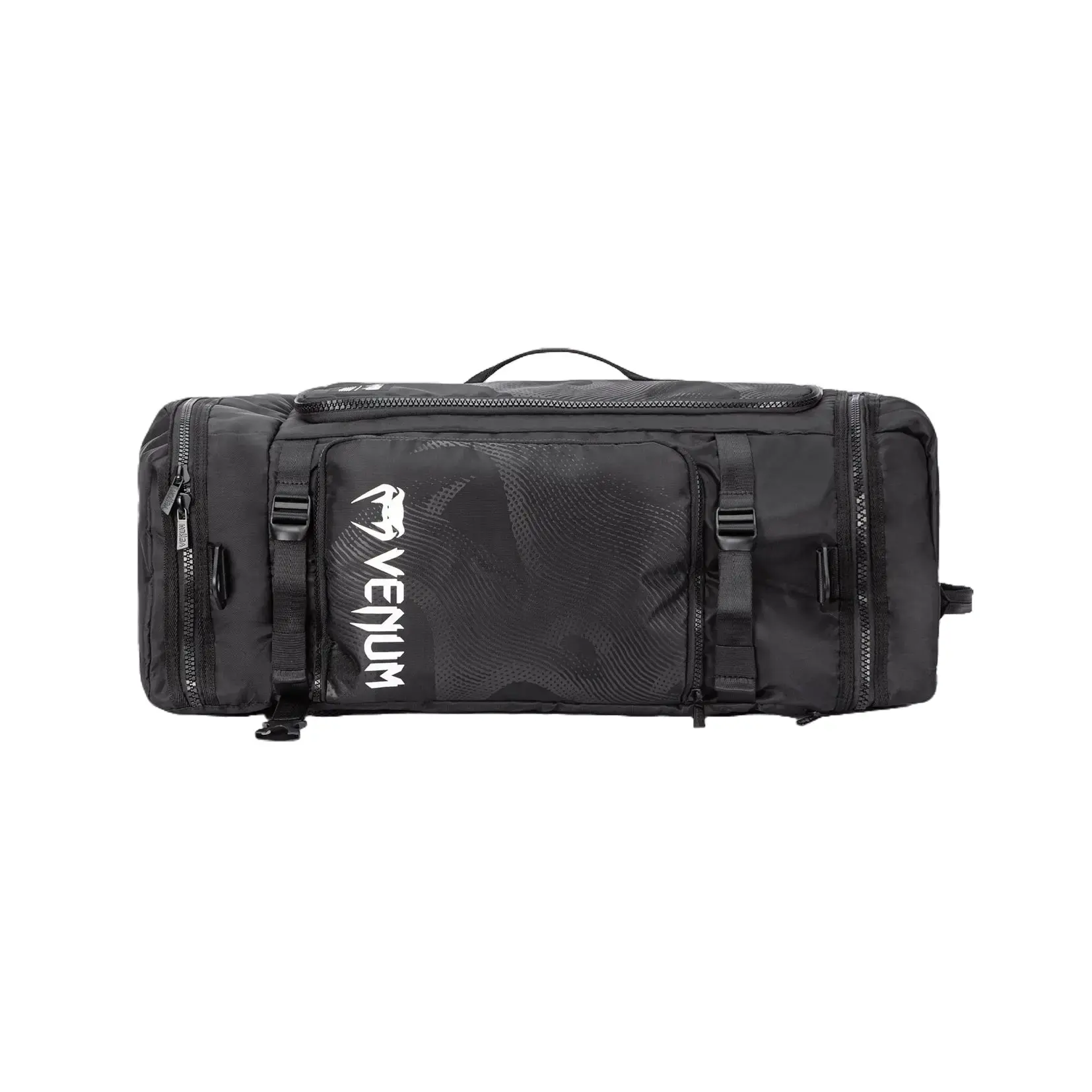 Venum Shockwave Large 48L Convertible Sports Bag, Multi-Use Duffle Backpack for Athletic Gear with Zip Pockets - Black, Gym Bag, Sporty Pocket Design, Office, Home, Large Main Compartment, Adjustable Straps