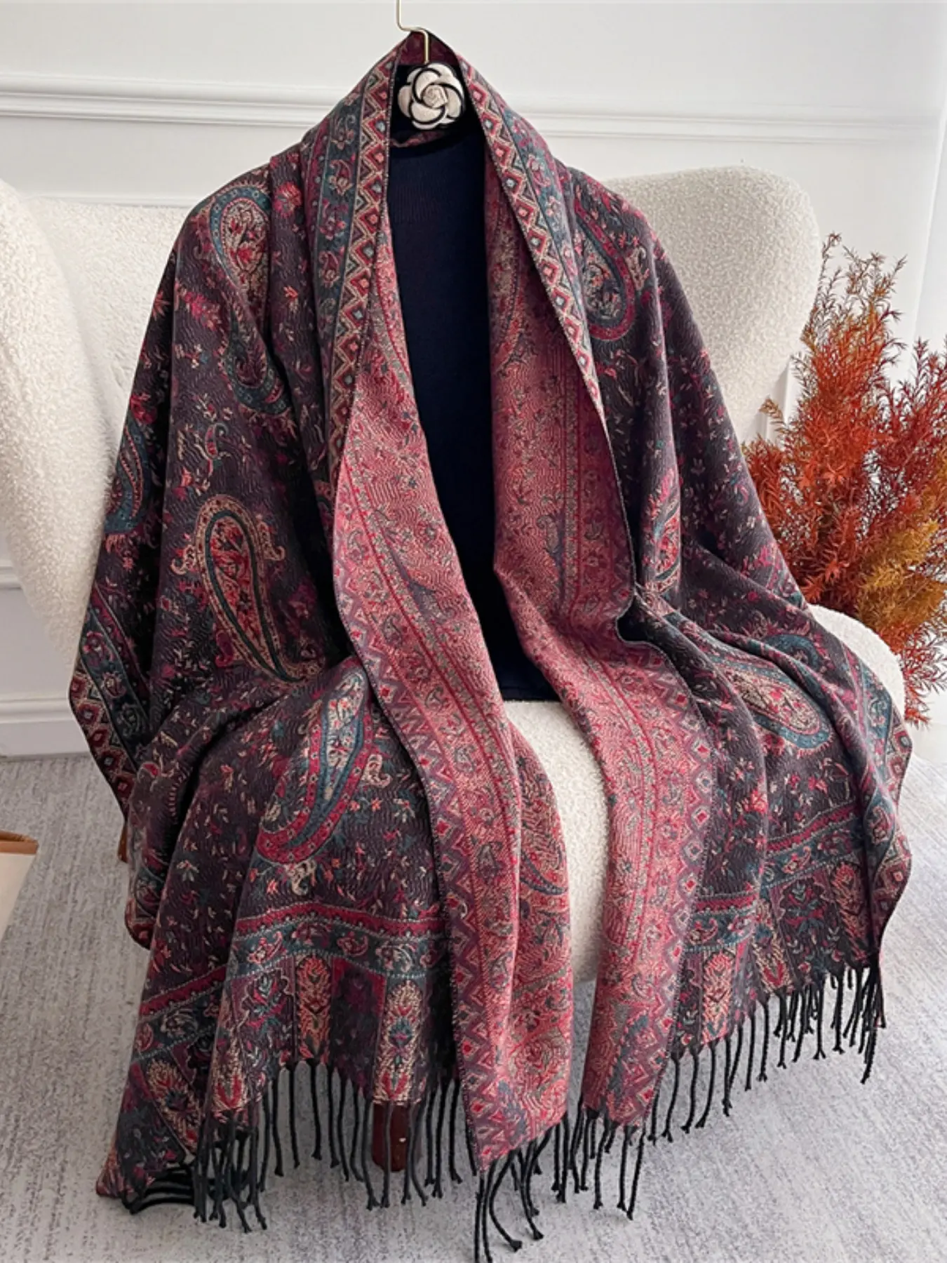 Women's Fashion New Winter Jacquard Scarf Thick Warm Headscarf Outdoor Windproof Boho Style Fashion Shawl Wrap, Stylish Knitted Accessory for Cold Weather muslim hijab, Paisley Print Shawl