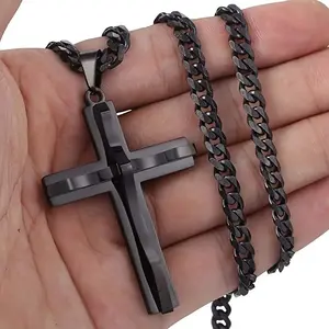 Stainless Steel Double Cross Men Necklaces Pendants Chain, Great Gift