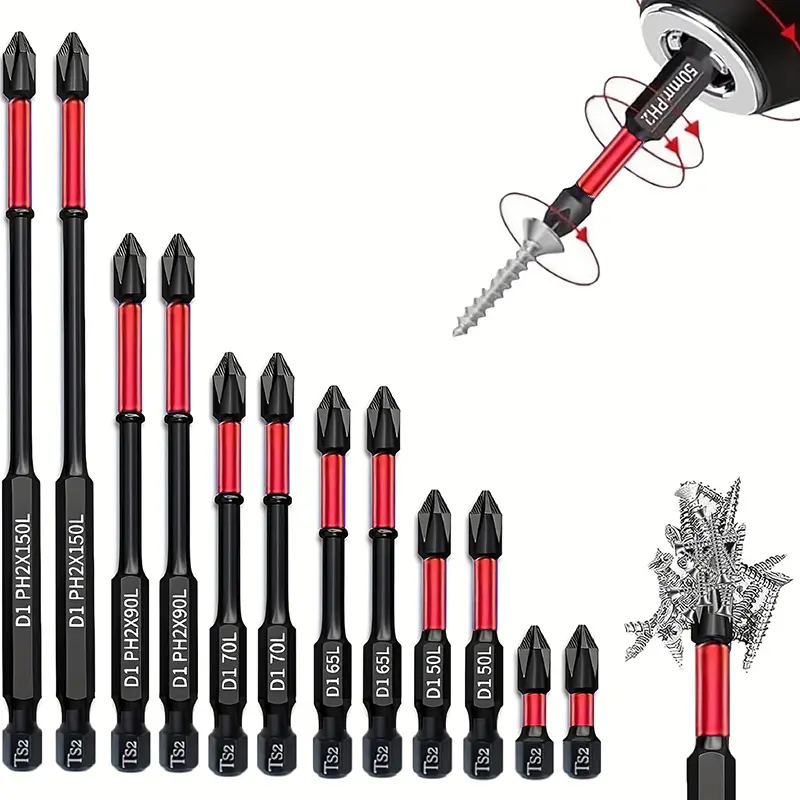 12pcs Tungsten Carbide Magnetic Replaceable Screwdriver Bit Set, S2 Steel 1/4"-Shank Phillips & Impact Bits, Red-Black for Electric/Manual Screwdrivers, High-Torque Wrenches, Home Renovation Tools, Replaceable Screwdriver Bits