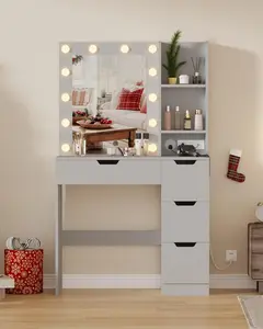 Gaomon Illuminated Makeup Vanity Desk with Mirror - Adjustable LED Lights, 4 Storage Drawers, Built-in Power Outlet, USB Port, Anti-Tip Base, Sturdy Frame, Modern Makeup Vanity for Bedroom (Grey), Illuminated Makeup Vanities
