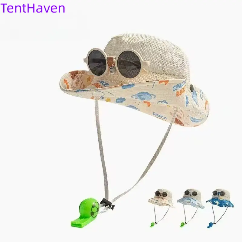 2026 Children's Hat Summer Sunscreen Large brimmed Fisherman's Hat with Sunglasses Baby Cartoon Sunshade Hat Men's and Women's Mesh Fisherman's Hat