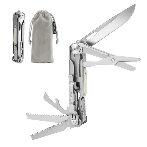 xhandle MT-17 10-in-1 Compact Multi-Tool Multitools - D2 Steel Resists Wear Serrated Edge Blade, Fluorescent Film, Emergency Survival Gear, Prepper Lifestyle Essential, Mini Pocket EDC for Outdoor Camping (Scissors, Bottle Opener, Can Opener, Small Saw)