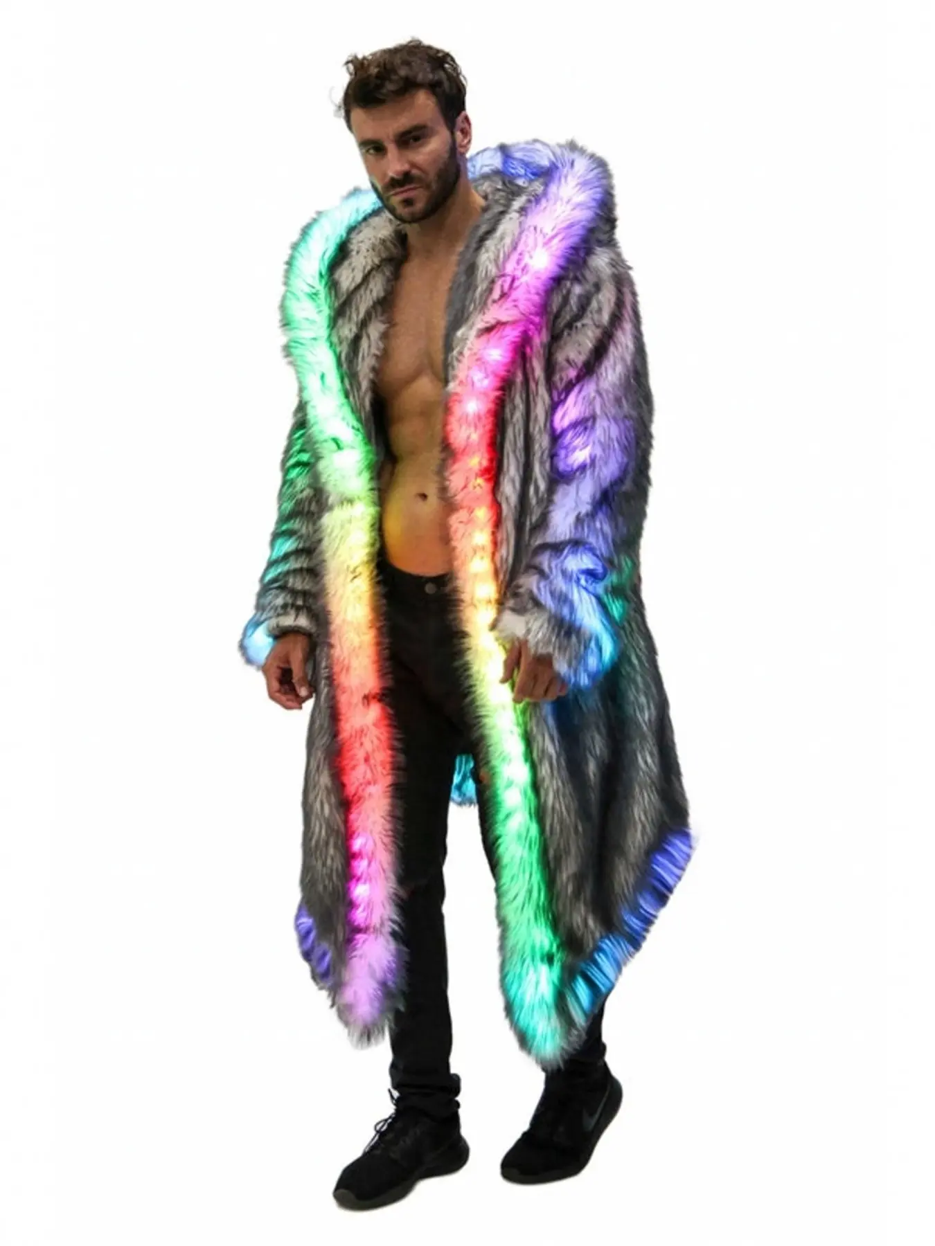 Men's Rainbow LED Glow Faux Fur Hooded Coat, Long Thick Warm Outerwear for Autumn Winter, Trendy Casual Multi-Scene Jacket