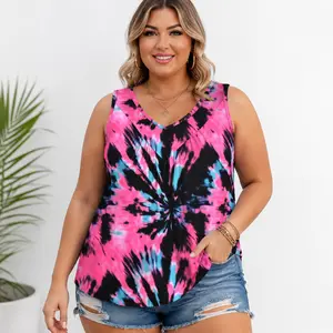ROSRISS Women's Plus-Size Tie Dye Tank Tops - 2026 Casual V-Neck Sleeveless Flowy Pleated Feminine Tunics, Soft Lightweight Hip-Fit Stylish Clothes, Easy-Matching XL-5XL 0194 Oversize Blouses for Outdoor Use
