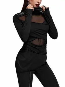 Rgothic Women's Plus Size Gothic Solid Color Long Sleeve Ruched Blouse Top - Vintage Mesh Panels, Surplice Asymmetrical High Neck, Polyester Fall T-Shirt, Machine Washable Full Length Plus Size Women Clothing