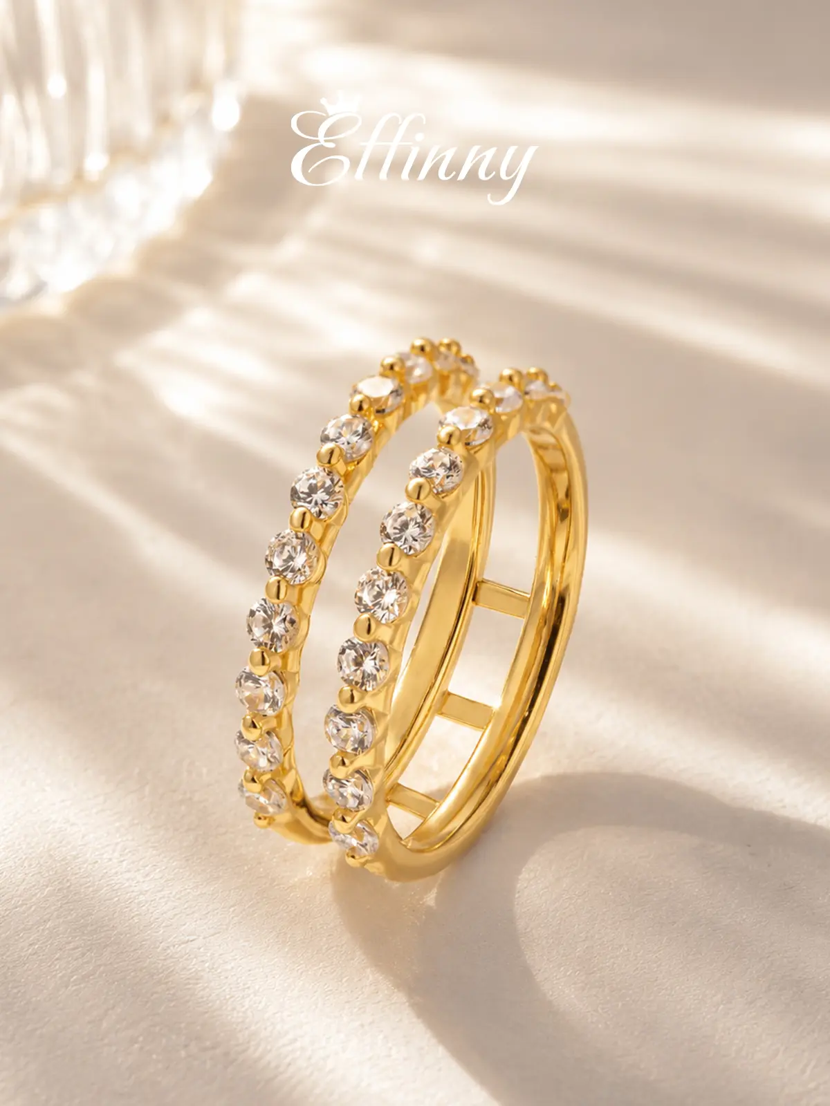 Effinny 925 Sterling Silver 0.77Ct Double Row Half Eternity Round Cut 14K Gold Plated Insert Ring Enhancer, Fashion Elegant Wedding Band, Travel-friendly Statement Multi Ring, Female