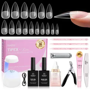 Beetles Tipex Lite Instant Apex Nail Tips Kit with Nail Glue Remover, Full Cover Clear Nails 192 PCS 16 Sizes, Mini UV Lamp, 20g Solid Nail Glue, Base & Top Coat, All-in-One Nail Starter Kit