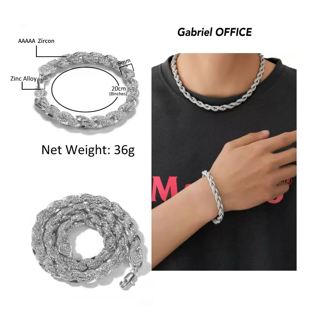 GAB High Quality 9MM Thick Twist Chain Necklace Bracelet Set For Man&Woman,Iceout Hip Hop Miami Cuban Chain Gift Jewelry Cubahain