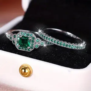 Two Piece Green Synthetic Zirconia Ring Set for Women - Matching Couple Bands, Teen Fashion Daily Wear, Ideal for Festivals Anniversaries and Weddings Trendy Jewellery Accessories