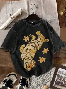 Women's Summer Cotton Breathable Short Sleeve Round Neck T-Shirt, Tiger and Flower Print, Fashion Casual Daily Wear, Street Style Essential, Perfect Gift Choice