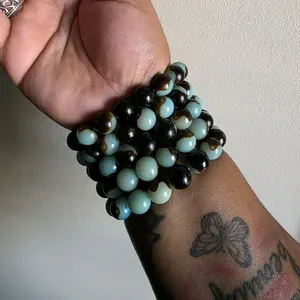Mint Chocolate Chip 10mm Beaded Bracelet - Black and Teal Beads